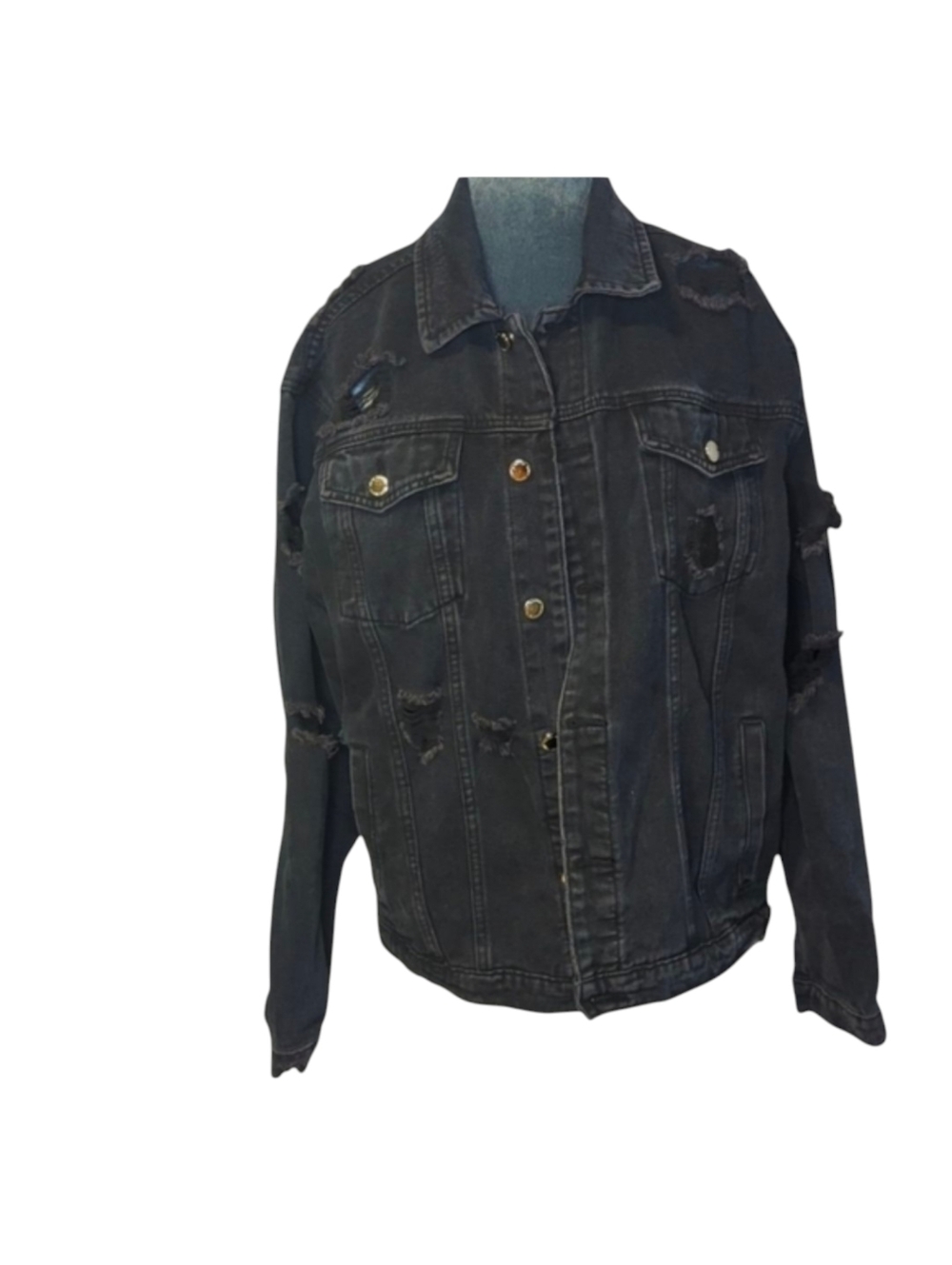 SHEIN Distressed Ripped  Faded Black Denim Jacket Size Large